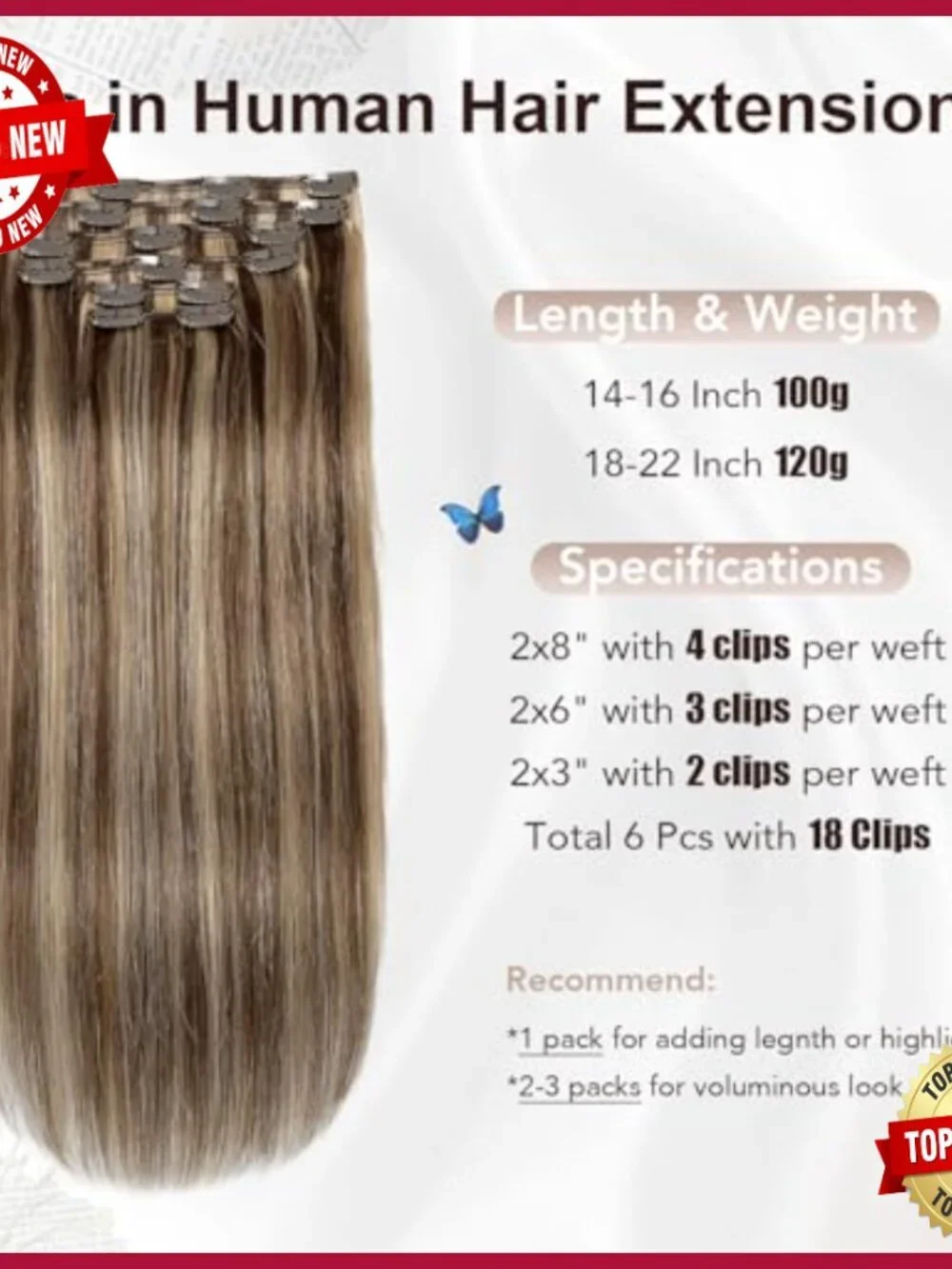 20 Inch Human Hair Clip-In Extensions, 6 Pieces, 120g, Straight